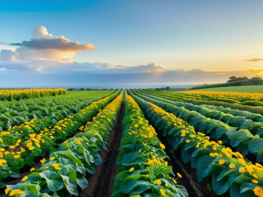 Un paisaje de granja agroecológica exuberante con cultivos anuales y perennes, bañado por la cálida luz del sol