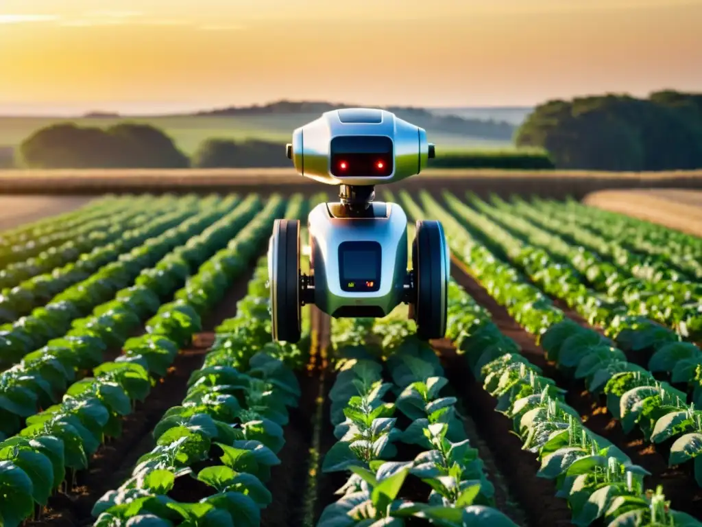 Un paisaje de granja orgánica bañado en luz dorada, con un robot agrícola moderno cuidando las plantas