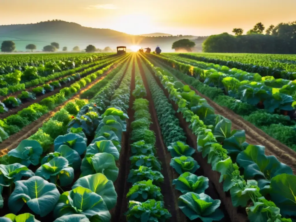 Un paisaje de granja orgánica con cultivos vibrantes y trabajadores colaborando en la cosecha