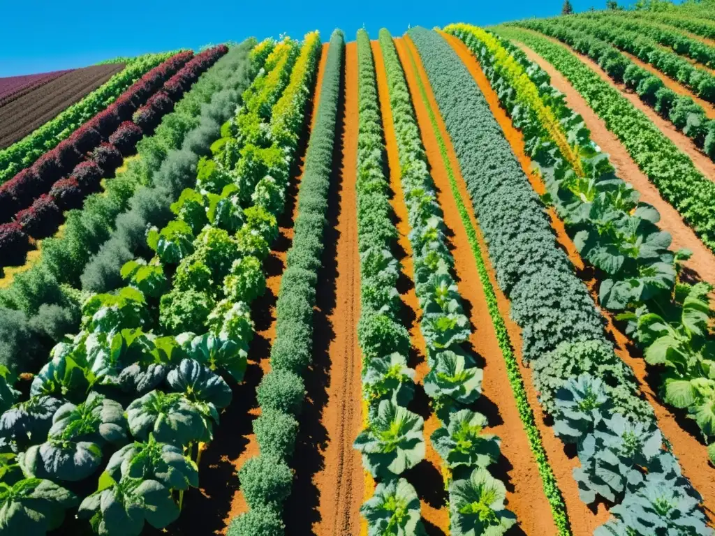 Un paisaje de granja orgánica con cultivos coloridos y vibrantes bajo un cielo azul