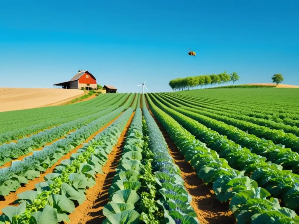 Un paisaje de granja orgánica próspera con cultivos verdes bajo cielo azul