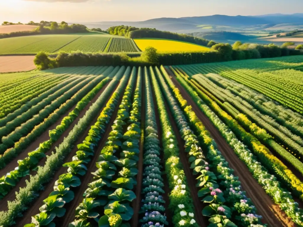 Un paisaje de granja orgánica exuberante con hileras de cultivos vibrantes bañados por la cálida luz del sol