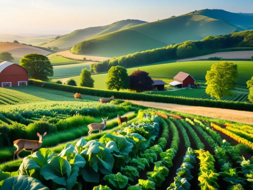 Un paisaje de granja orgánica exuberante con vida silvestre en armonía, mostrando la protección de la fauna en la agricultura orgánica