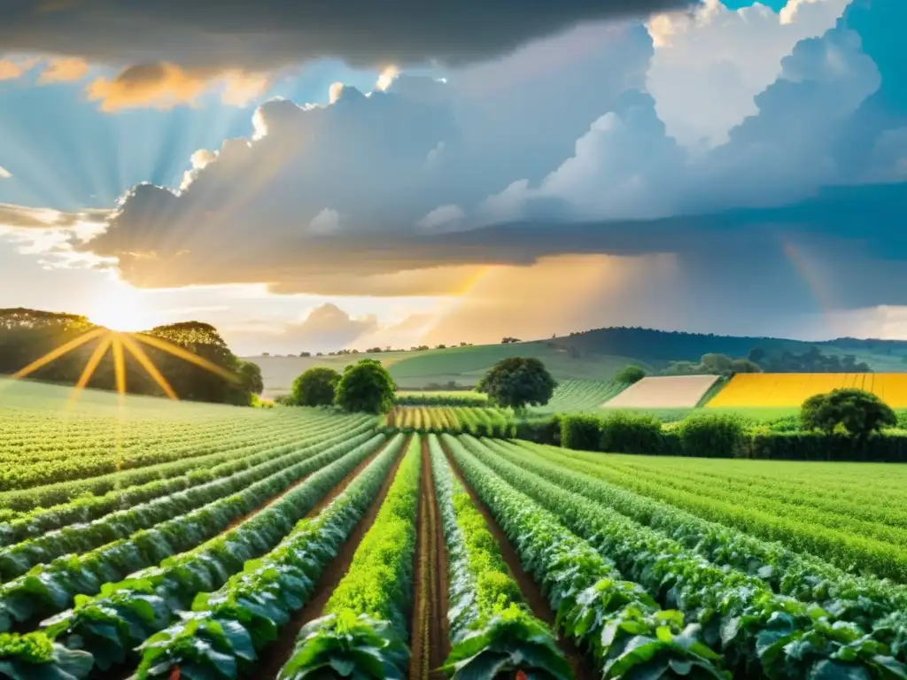 Un paisaje de granja orgánica exuberante con cultivos diversos, bañado por el sol poniente y nubes de lluvia