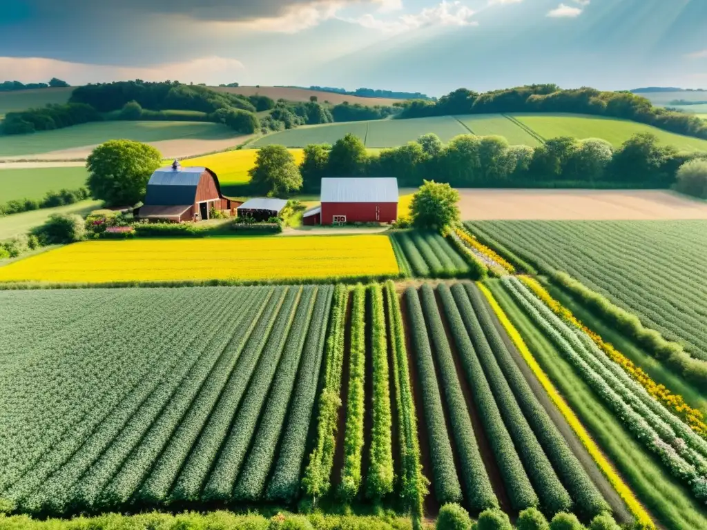 Un paisaje idílico de una granja orgánica, con cultivos ordenados y belleza natural