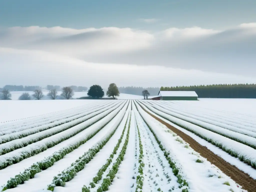 Un paisaje invernal sereno de una granja orgánica cubierta de nieve, con cultivos de invierno