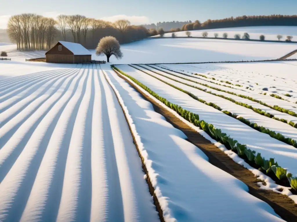 Un paisaje invernal tranquilo de una granja orgánica cubierta de nieve con cultivos orgánicos para invierno y una atmósfera serena