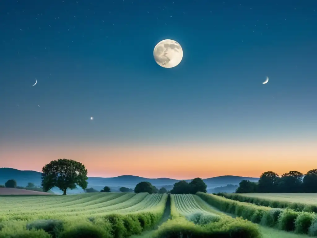 Paisaje nocturno con luna llena iluminando suavemente el campo, en armonía con siembra según ciclos lunares