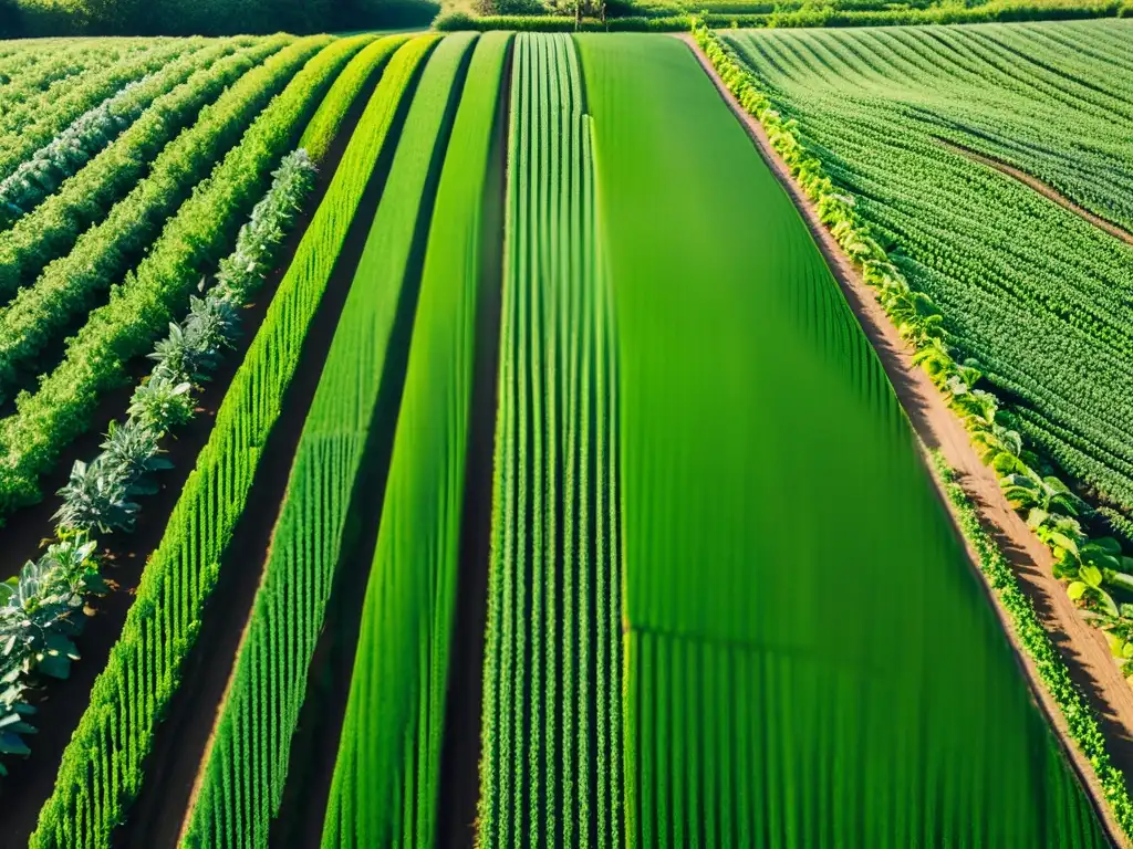 Un paisaje orgánico deslumbrante con cultivos verdes en filas, evocando serenidad y abundancia