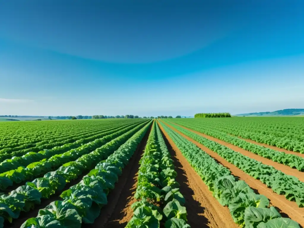 Un paisaje orgánico exuberante y abundante con cultivos verdes bajo el cielo azul