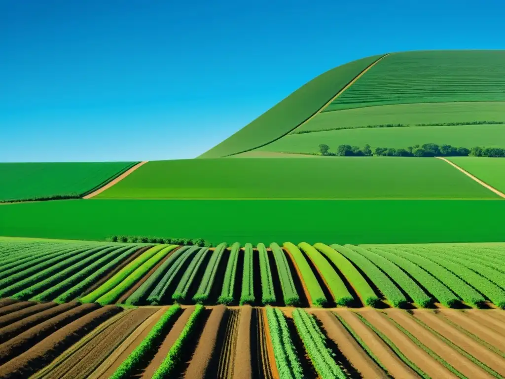 Un paisaje orgánico exuberante con cultivos ordenados y diversidad de plantas, bajo un cielo azul claro