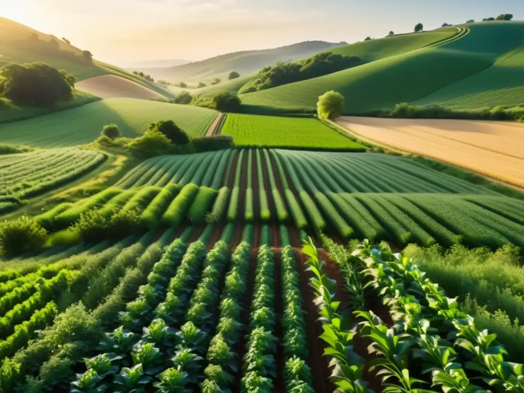 Un paisaje orgánico sereno y exuberante preservando la huella hídrica agrícola con cultivos vibrantes bajo el cálido sol