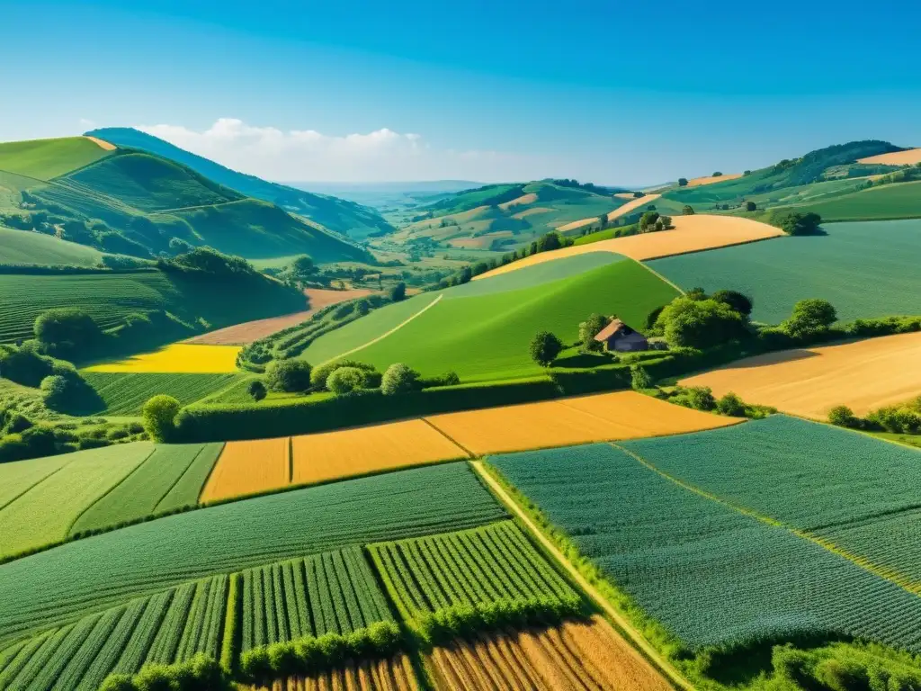 Un paisaje orgánico sereno y soleado, con campos verdes y una granja