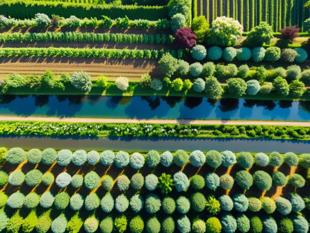 Un paisaje orgánico vibrante con cultivos coloridos y árboles frutales, reflejando la belleza de la agricultura sostenible