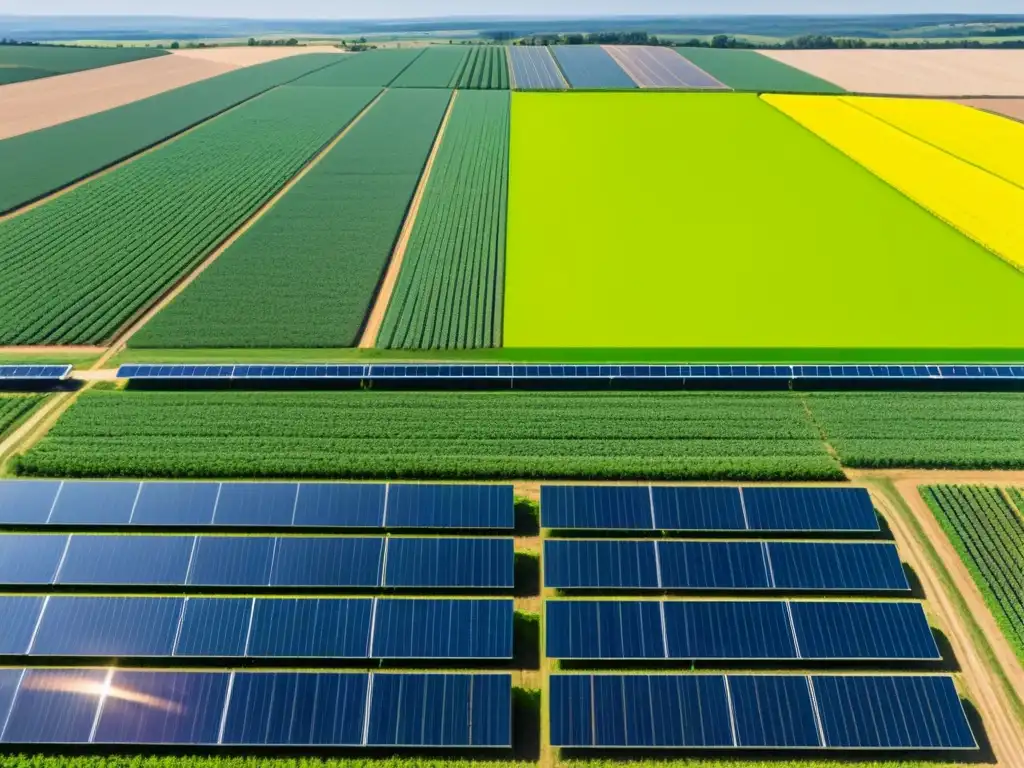 Un paisaje panorámico de una granja orgánica bañada por el sol, con cultivos verdes vibrantes y paneles solares integrados