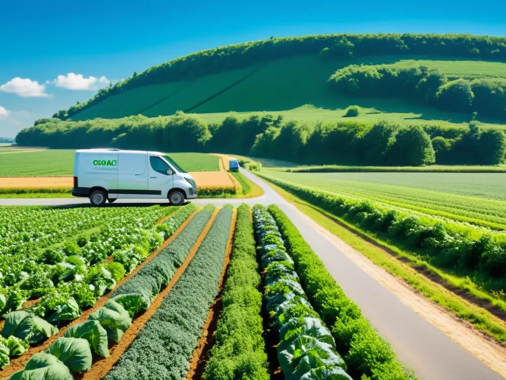 Un paisaje rural con campos verdes y hortalizas orgánicas, un furgón eléctrico lleva productos de una granja orgánica