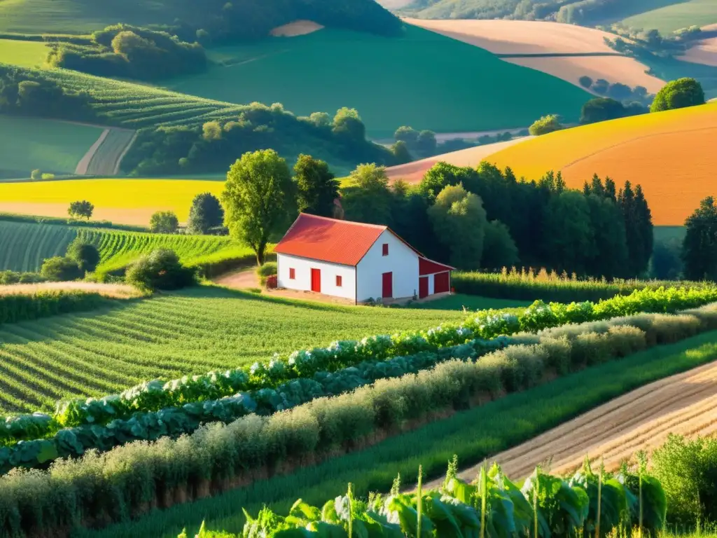 Un paisaje rural extenso con colinas verdes onduladas y campos vibrantes de cultivos orgánicos, bañados por el cálido resplandor del atardecer