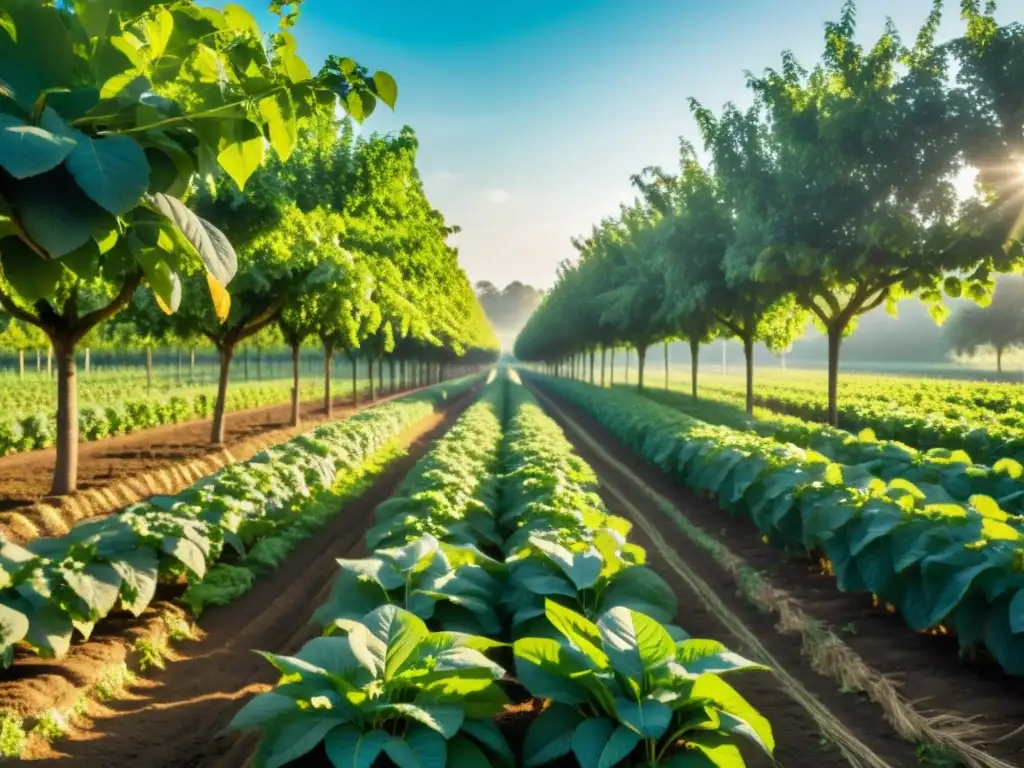 Armonía agrícola: árboles y cultivos en equilibrio Un paisaje sereno de agroforestería con árboles frutales y cultivos, mostrando la integración armoniosa de árboles y agricultura orgánica
