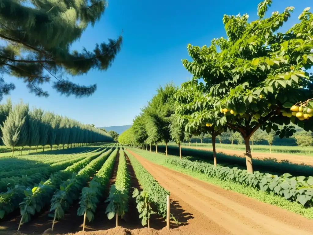 Un paisaje sereno de agroforestería con árboles frutales y cultivos ordenados, bordeado por un bosque exuberante y un cielo azul claro