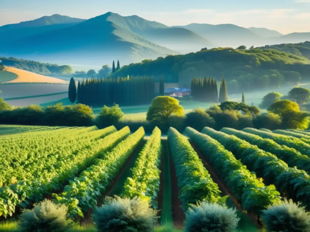 Un paisaje sereno de agroforestería con cultivos orgánicos y árboles altos