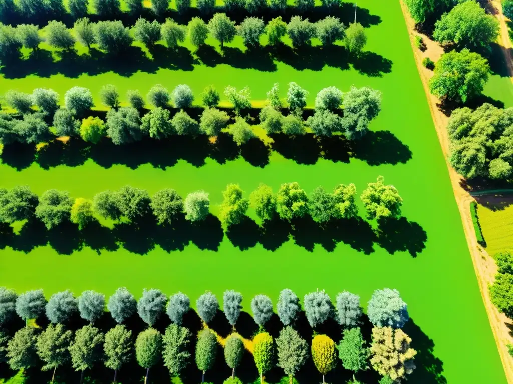 Un paisaje sereno de agroforestería con huertos frutales intercalados con cultivos verdes