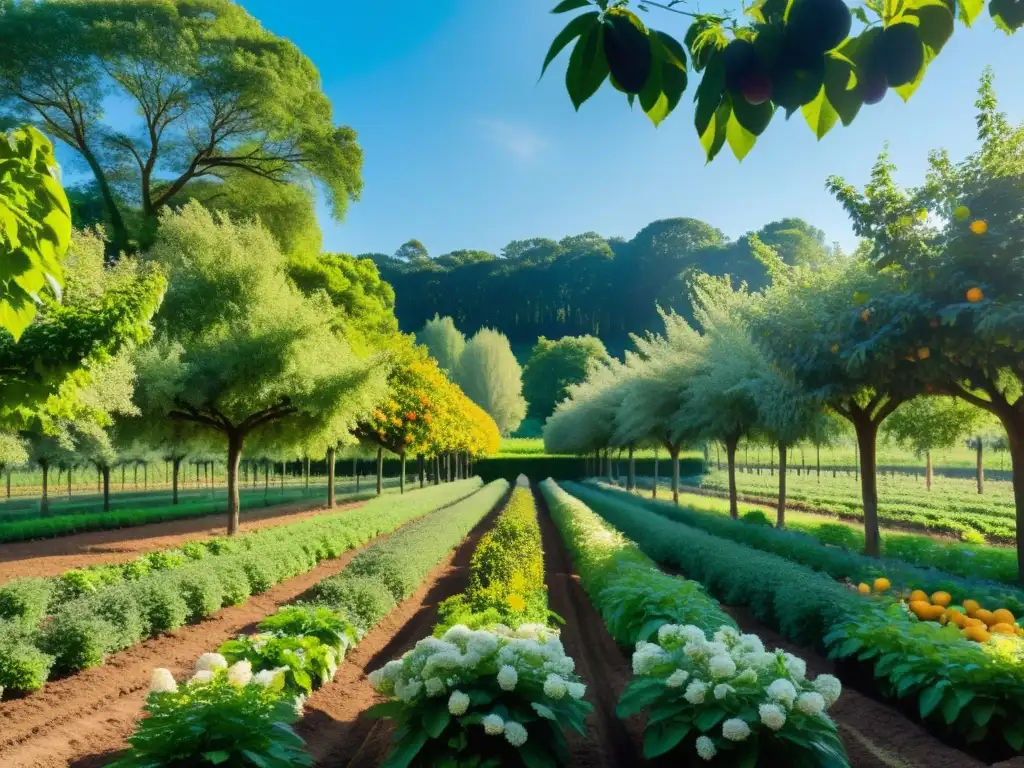 Un paisaje sereno de agroforestería en permacultura orgánica, con árboles frutales y hortalizas bajo el dosel verde y flores coloridas