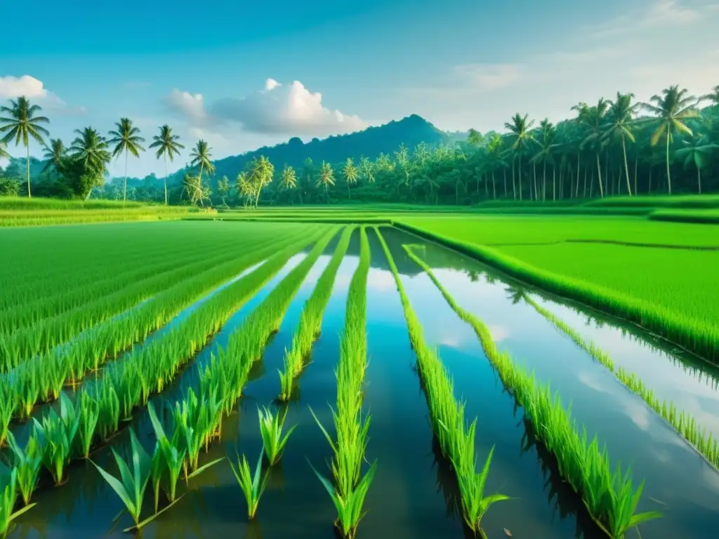 Un paisaje sereno de un exuberante campo de arroz verde con agua cristalina reflejando los árboles y el cielo