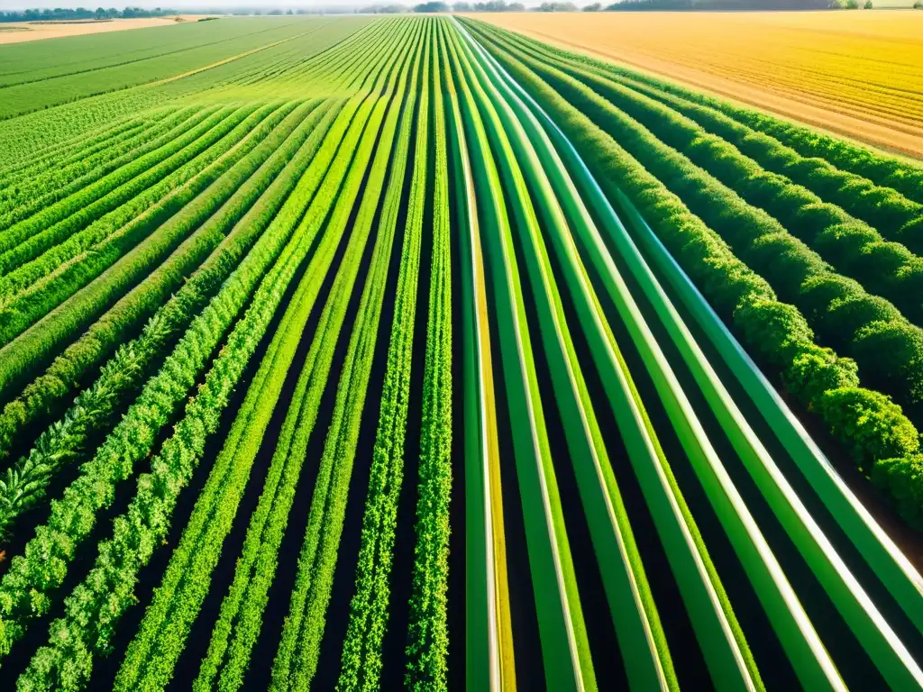 Un paisaje sereno y exuberante de una granja orgánica bañada por la luz dorada, con cultivos verdes vibrantes y una máquina agrícola AI moderna