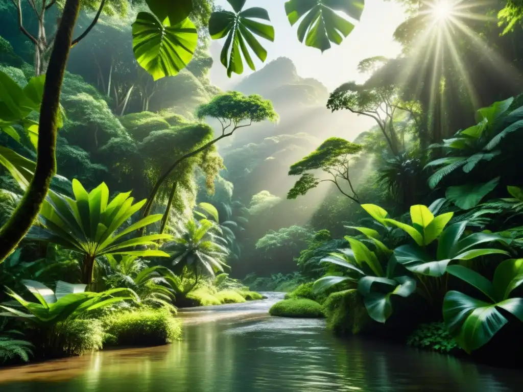 Un paisaje sereno de exuberante selva tropical con follaje verde vibrante, luz solar filtrándose y un río tranquilo