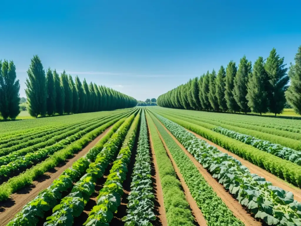 Un paisaje sereno de una finca orgánica verde exuberante con cultivos ordenados, rodeada de árboles altos y un cielo azul despejado