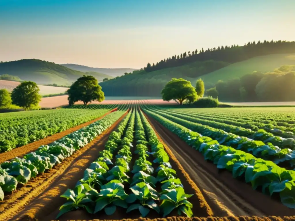 Un paisaje sereno de una granja orgánica bañada en cálida luz solar, con cultivos vibrantes y libres de pesticidas