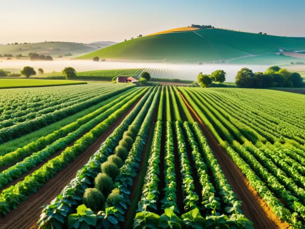 Granja orgánica bañada en luz dorada: armonía natural Un paisaje sereno de una granja orgánica bañada en suave luz dorada, destacando la armonía natural y la tranquilidad del entorno