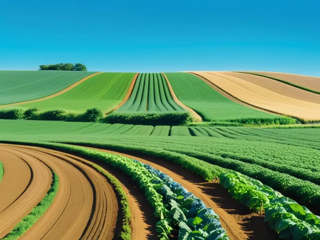 Un paisaje sereno y minimalista de un campo verde exuberante con un camino de tierra que serpentea entre los cultivos