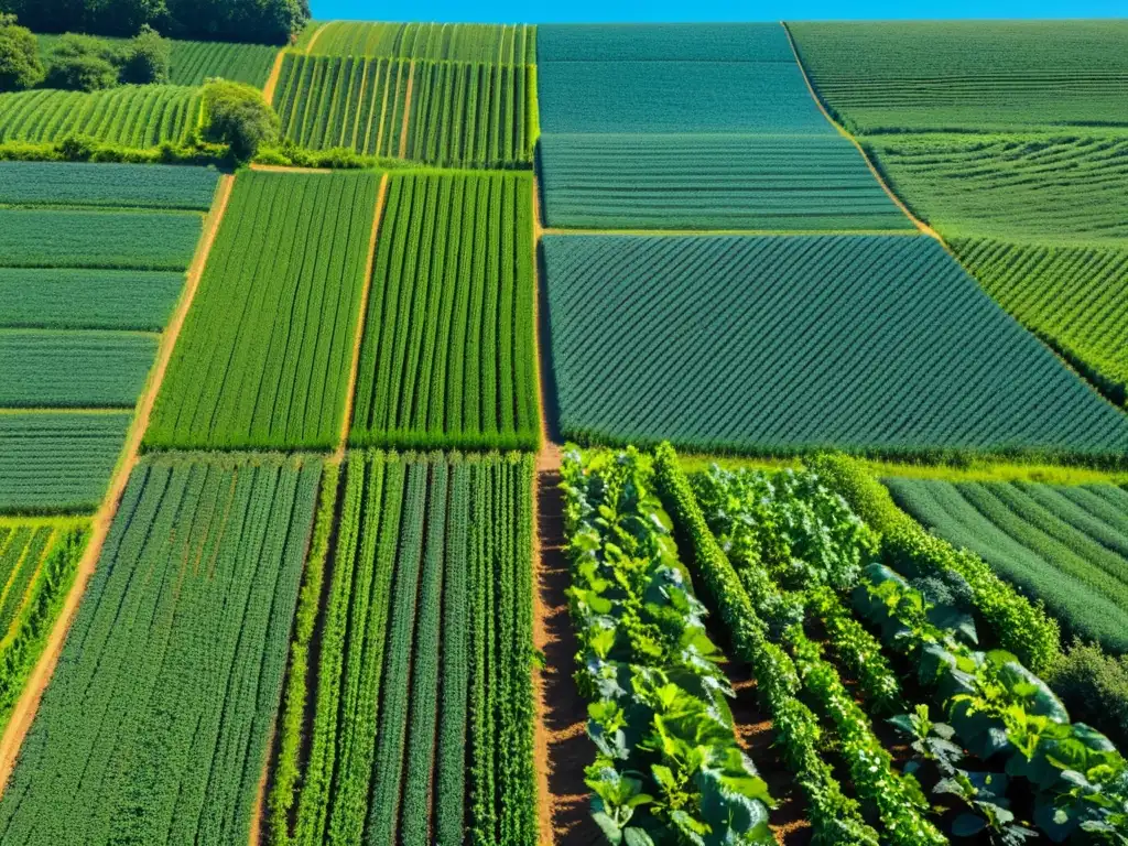 Un paisaje sereno y minimalista de una exuberante granja orgánica bajo un cielo azul claro, iluminada suavemente por el sol