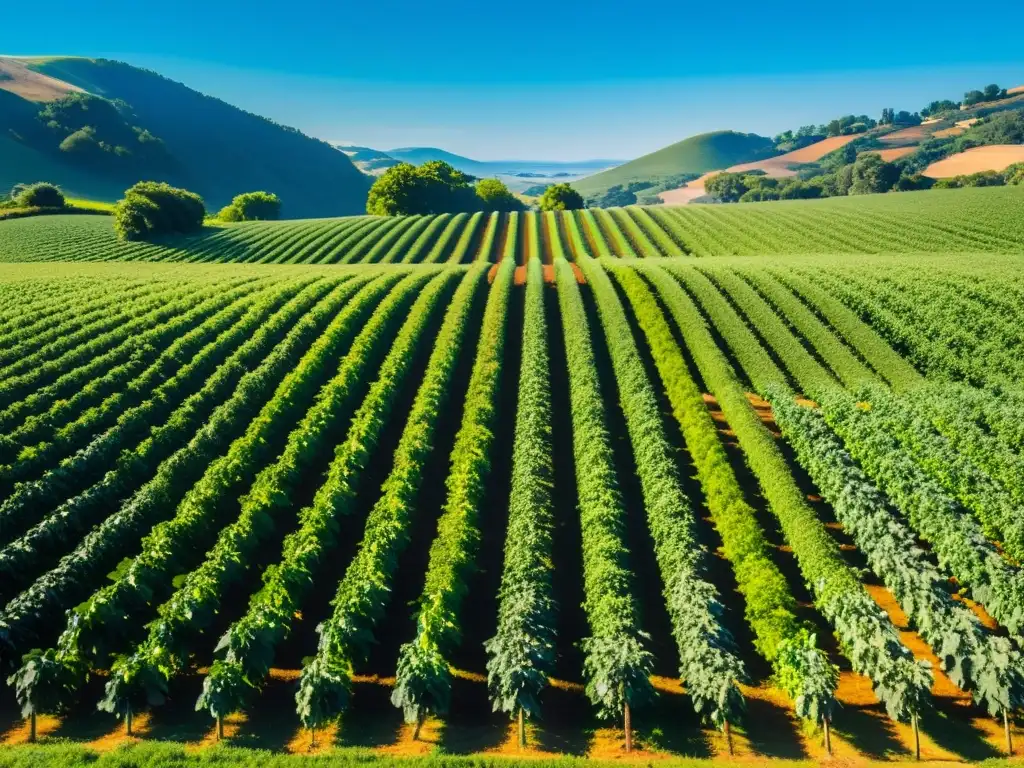 Un paisaje sereno y minimalista de una exuberante granja orgánica se extiende hacia el horizonte bajo un cielo azul claro