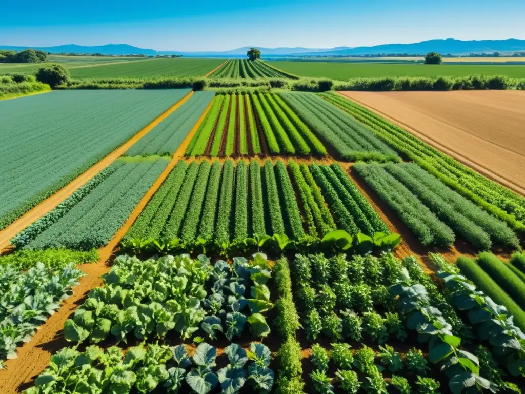 Un paisaje sereno y minimalista de una exuberante granja orgánica bajo un cielo azul