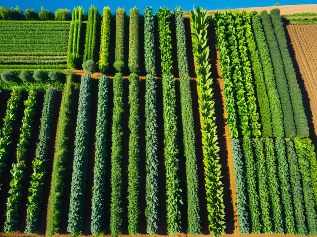 Un paisaje sereno y minimalista de una granja orgánica verde bajo un cielo azul claro