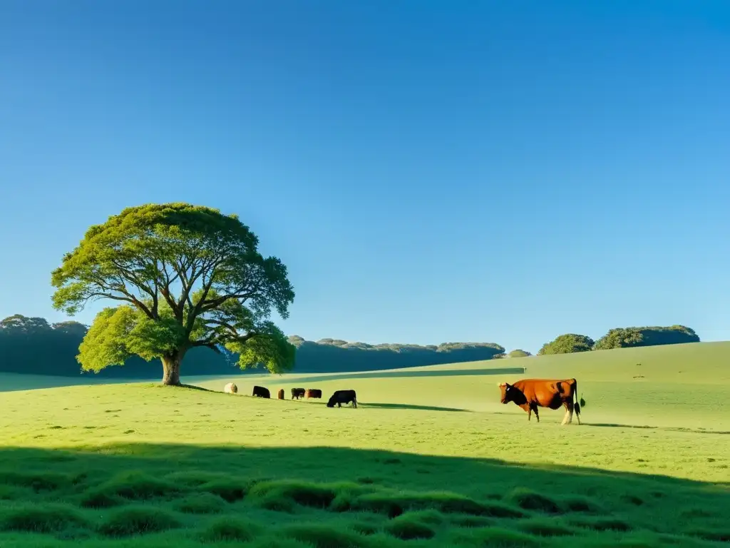 Un paisaje sereno y minimalista de un prado verde exuberante, con un cielo azul claro y ganado pastando en la distancia