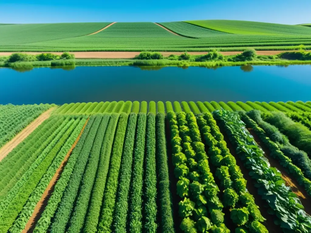 Un paisaje sereno y minimalista de una próspera granja orgánica bajo un cielo azul claro