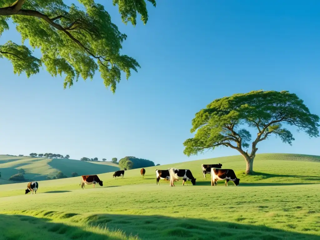 Un paisaje sereno y natural: vacas pastando en un prado verde bajo un cielo azul brillante