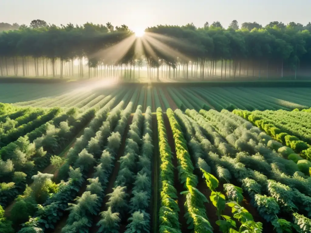 Un paisaje sereno de agroforestería orgánica, con cultivos y árboles en armonía