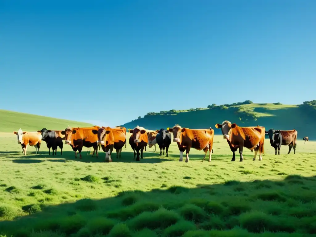 Un paisaje sereno de pasto verde exuberante con ganado orgánico pacíficamente pastando bajo un cielo azul claro