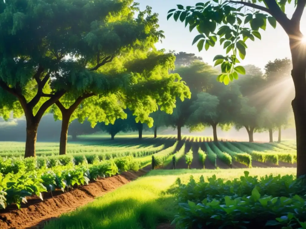 Un paisaje sereno de sistemas agroforestales con filas ordenadas de árboles frutales y cultivos, transmitiendo armonía y sostenibilidad