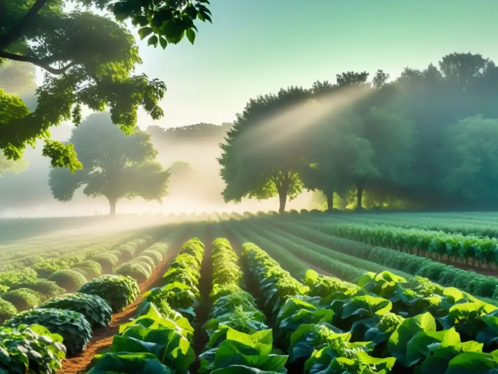 Un paisaje sereno de sistemas agroforestales orgánicos, con cultivos variados y árboles altos que proyectan sombras