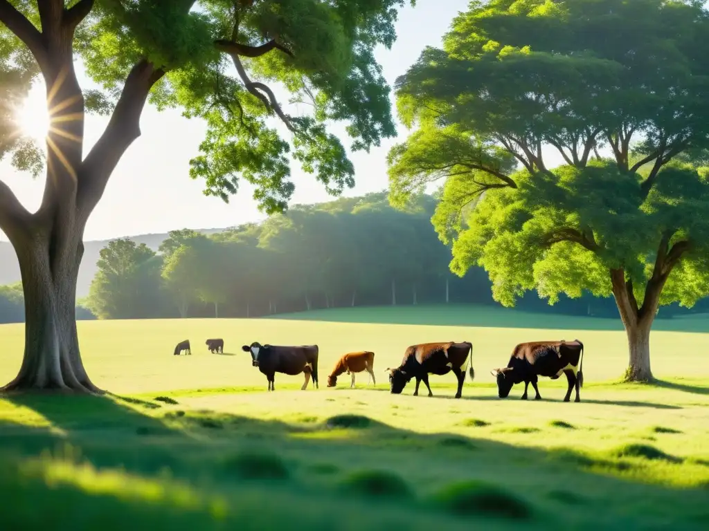 Un paisaje sereno y sostenible con ganado orgánico pastando en un prado verde exuberante