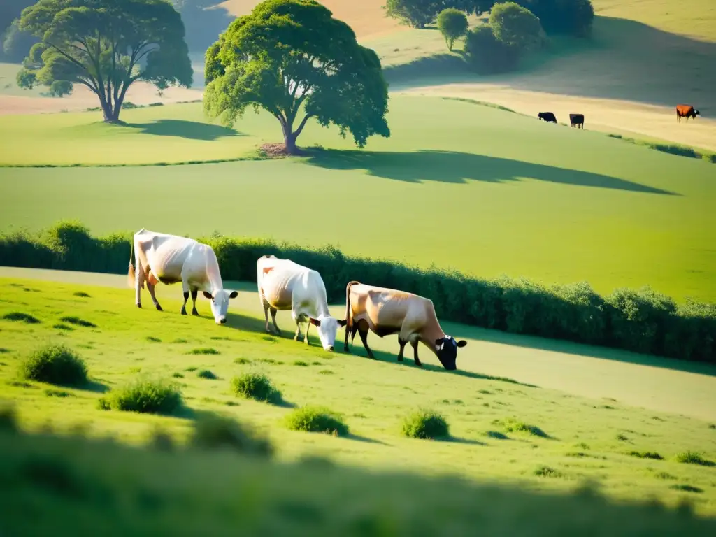 Un paisaje sereno muestra vacas pastando en una pradera verde