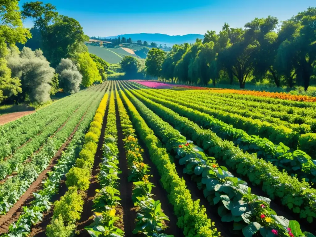 Un paisaje de sistemas agroforestales, con árboles frutales, cultivos intercalados y flores coloridas