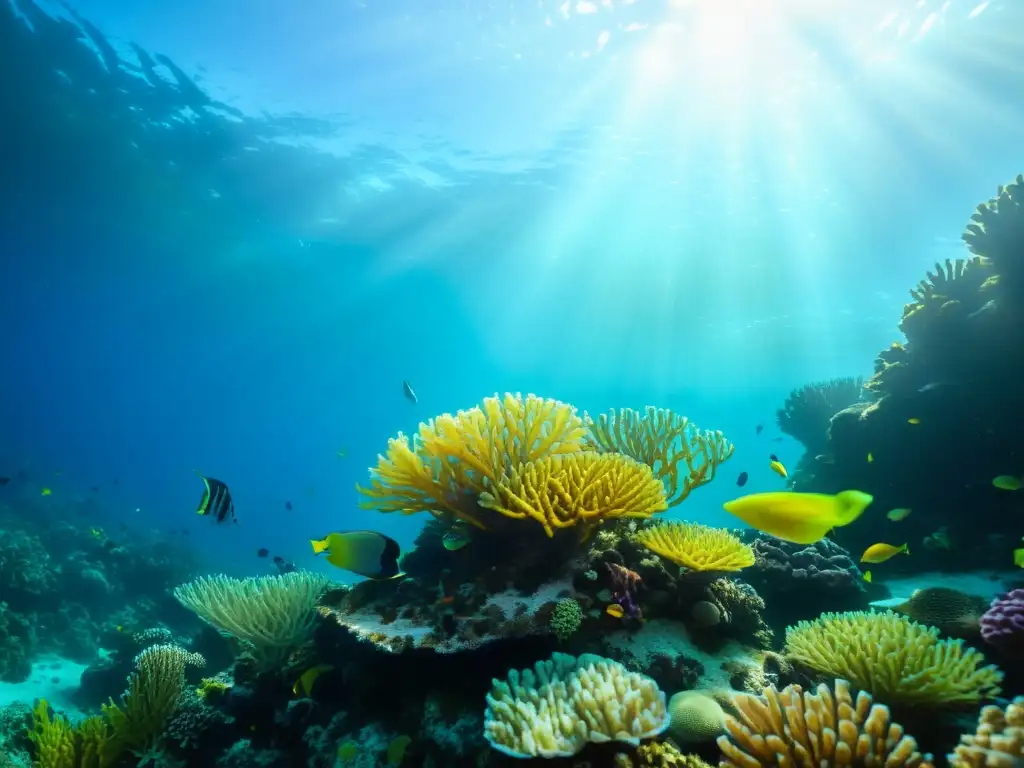 Un paisaje submarino sereno y colorido, con una exuberante vida marina