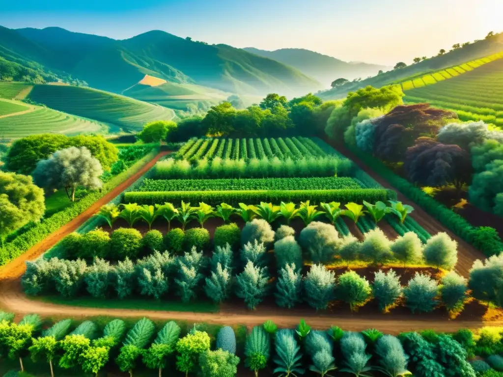 Un paisaje vibrante de agroforestería con árboles frutales y hortalizas, destacando la armonía entre agricultura y bosque