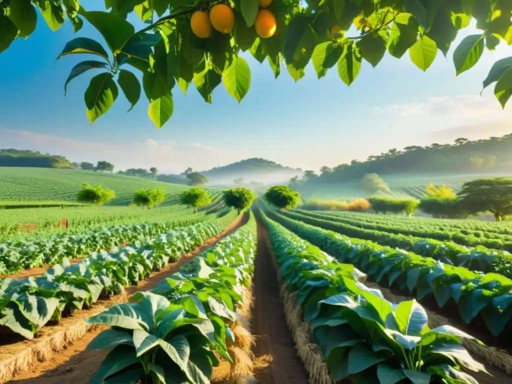 Un paisaje vibrante de agroforestería con árboles frutales y cultivos como maíz, frijoles y calabaza